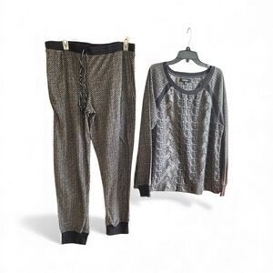 Ellen Tracy pajamas black gray abstract print plush drawstring elastic waist L